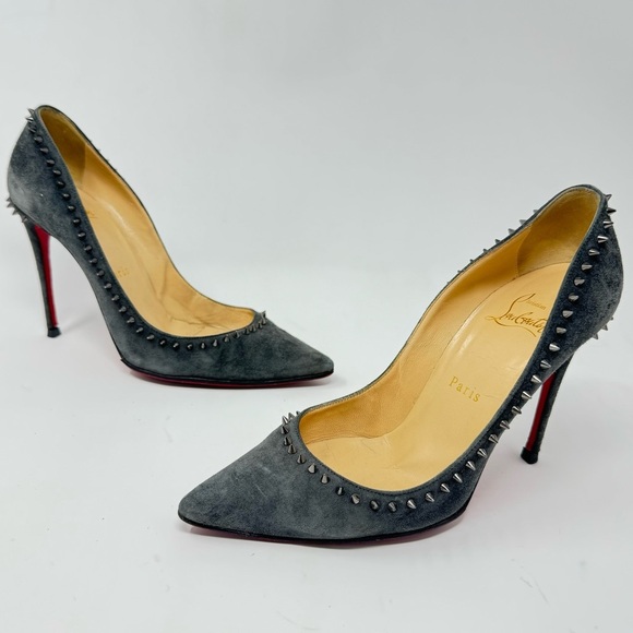 Christian Louboutin Grey Suede Anjalina Spike Pointed Toe Pumps Size 36.5